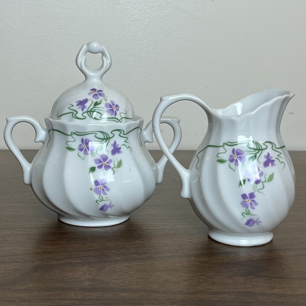 Vintage Quinta Portugal Sugar & Creamer Set Purple Flowers Porcali
